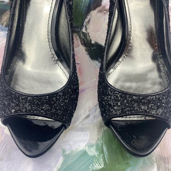 Miu Miu Black Patent Leather Glitter Peep Toe Platform Heels Size 40/9 - Picture 3 of 15
